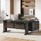 Tribesigns 63-Inch L-Shaped Executive Desk with Storage Shelves, Large Office Computer Desk with Drawers and File Cabinet, Industrial Business Workstation for Home Office, Gray and Black