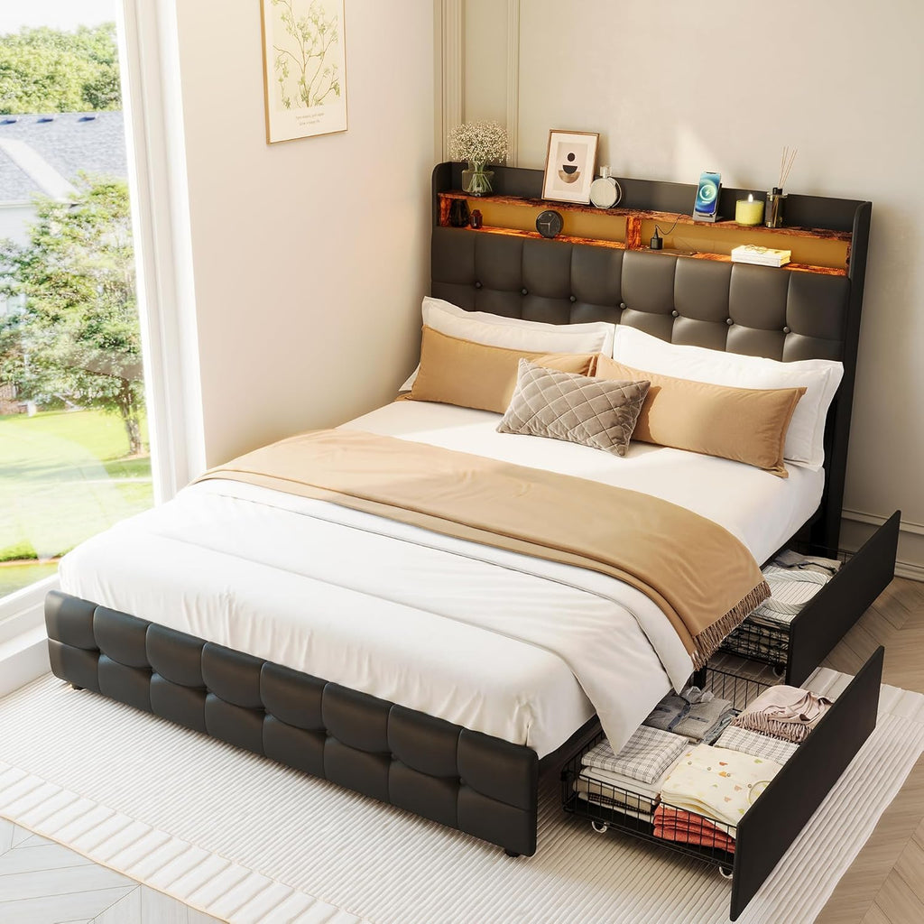 Garvee Queen Size Bed Frame with 2 Storage Drawers, Upholstered Bed Frame Queen with LED Light, Double-Layer Bedside Headboard with Charging Socket and USB Port, Soft Plush Fabric, White