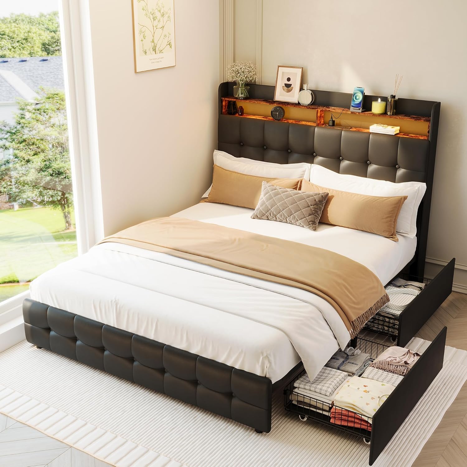Garvee Queen Size Bed Frame with 2 Storage Drawers, Upholstered Bed Frame Queen with LED Light, Double-Layer Bedside Headboard with Charging Socket and USB Port, Soft Plush Fabric, White