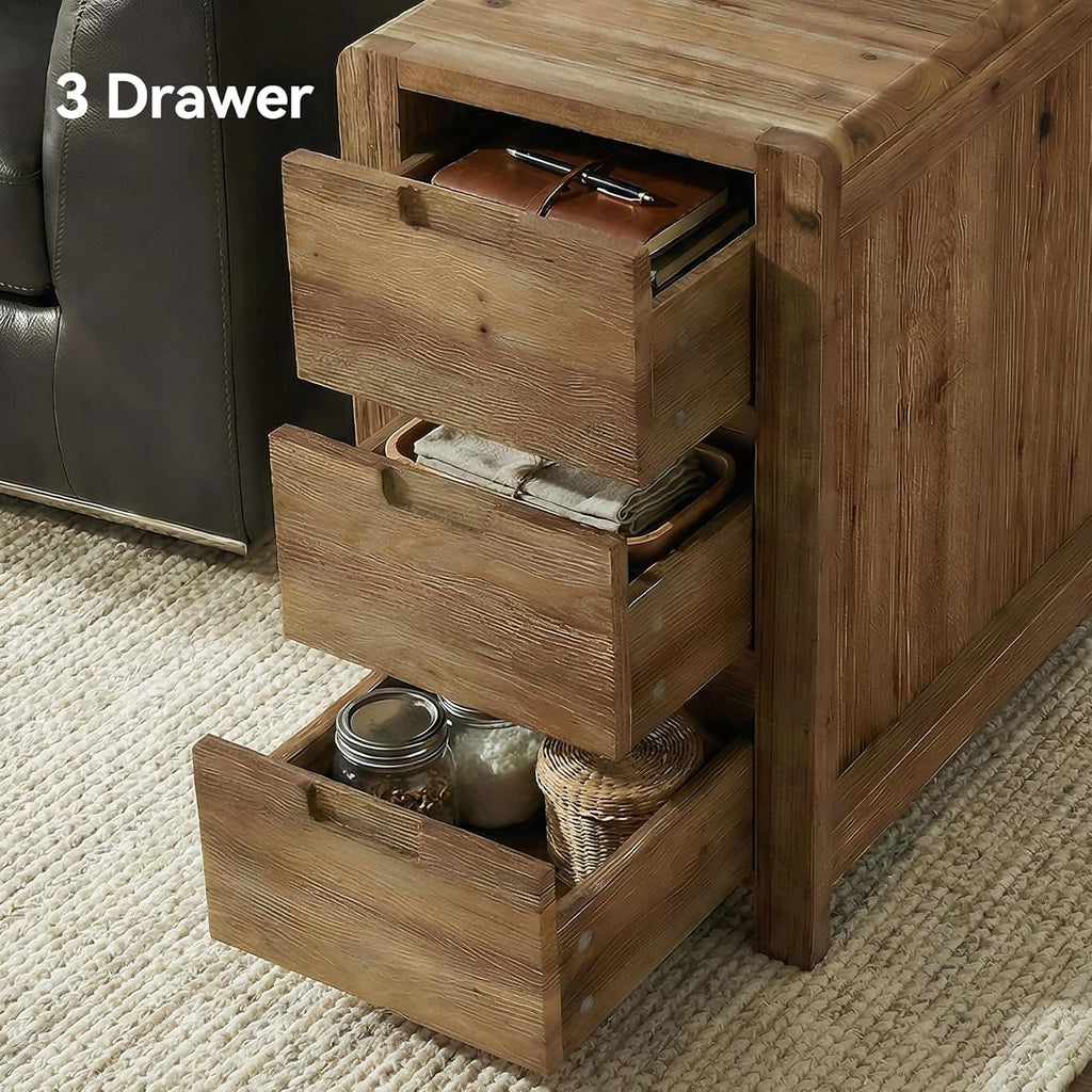 LITTLE TREE 3-Drawer Real Wood End Table Set 2, Narrow Side Table with Storage Drawers, Solid Wood Sofa Side Table for Living Room, Slim Nightstand Bedside Table for Bedroom, Natural Wood Color