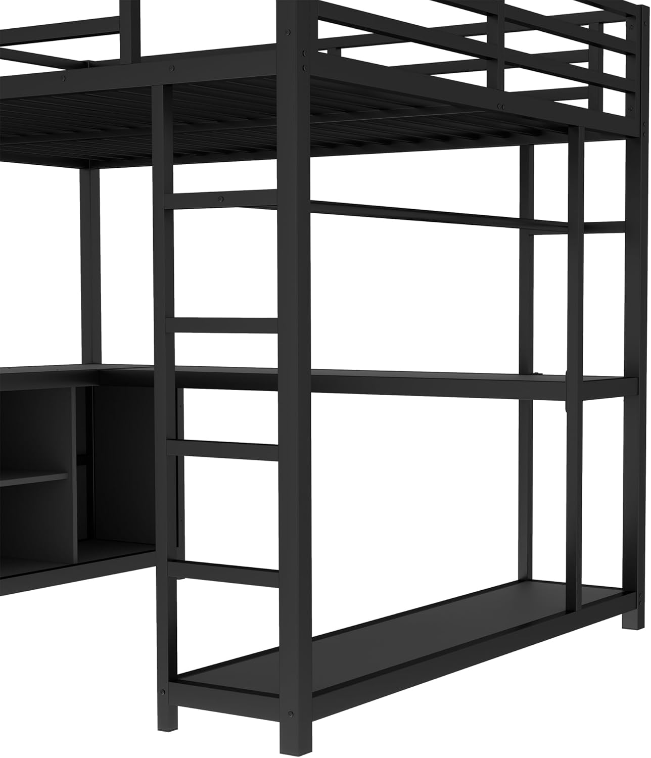 Queen Loft Bed with L-shaped Desk and Wardrobe, Metal Loftbed with Storage Cubes and Shelves, Heavy-duty Loft Bed Frame for Kids, Teens, Adults, Noise-free and No Box Spring Needed Design, Black