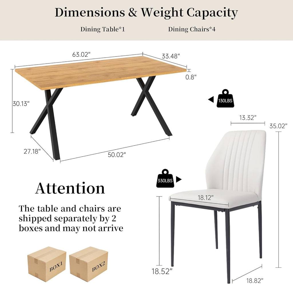HIPIHOM 5-Piece Dining Table Set for 4-6 People, 63" MDF Kitchen Table with 4 Upholstered Chairs, Metal Legs for Dining Room, Kitchen(Oak Table+4 White Chairs)