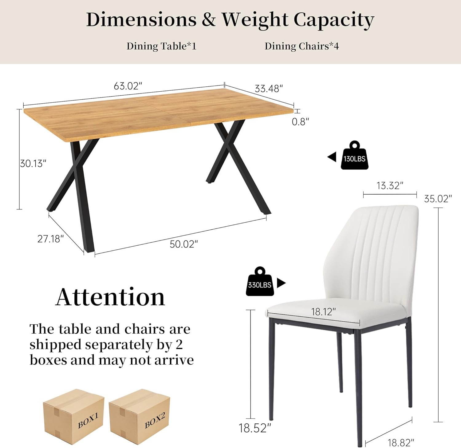 HIPIHOM 5-Piece Dining Table Set for 4-6 People, 63" MDF Kitchen Table with 4 Upholstered Chairs, Metal Legs for Dining Room, Kitchen(Oak Table+4 White Chairs)