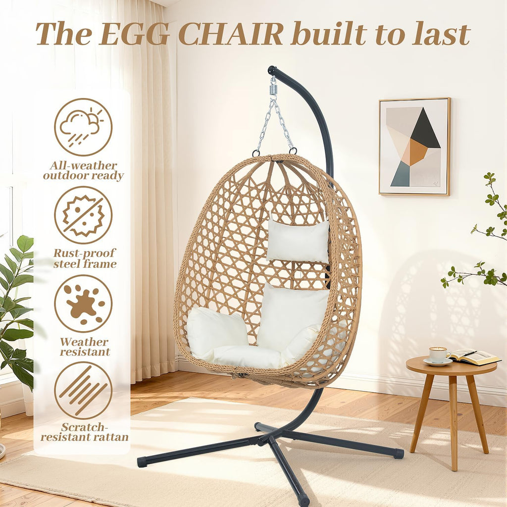 EortheX Hanging Egg Chair with Cushions – Comfortable Rattan Swing Chair with Stand for Patio, Garden, or Balcony – Stylish and Relaxing Outdoor Lounge Chair, 350LBS Capacity Indoor Outdoor (Beige)