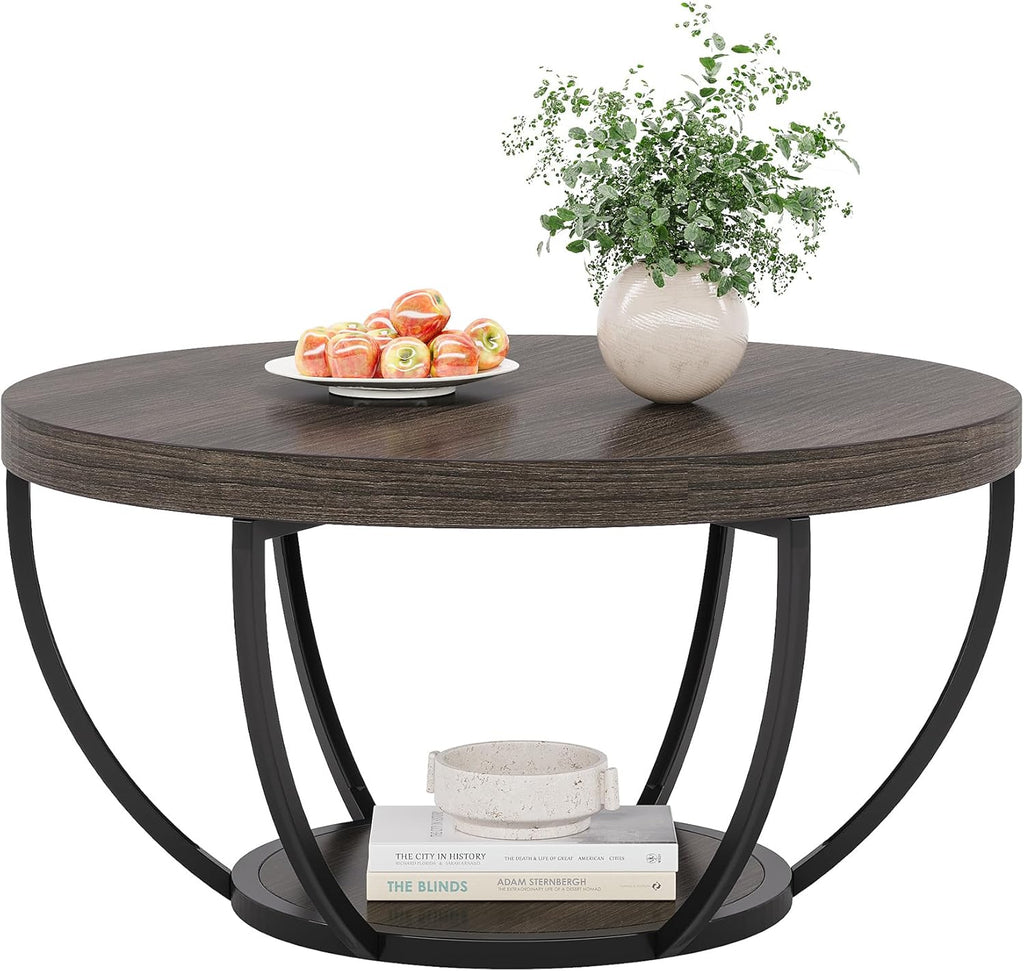 Tribesigns Round Coffee Table, 31.7" Wooden 2-Tier Circle Coffee Table with Storage Shelves, Modern Accent Cocktail Table Center Table for Living Room, Grey