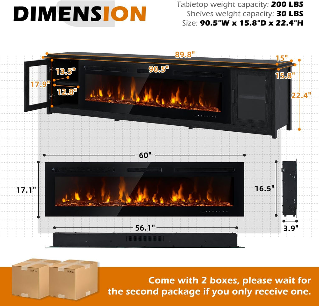MXV 90" Fireplace TV Stand, Modern Entertainment Center with 60 Inch Electric Fireplace, Adjustable Shelf & Glass Door, Fire Place TV Console for Living Room, Black