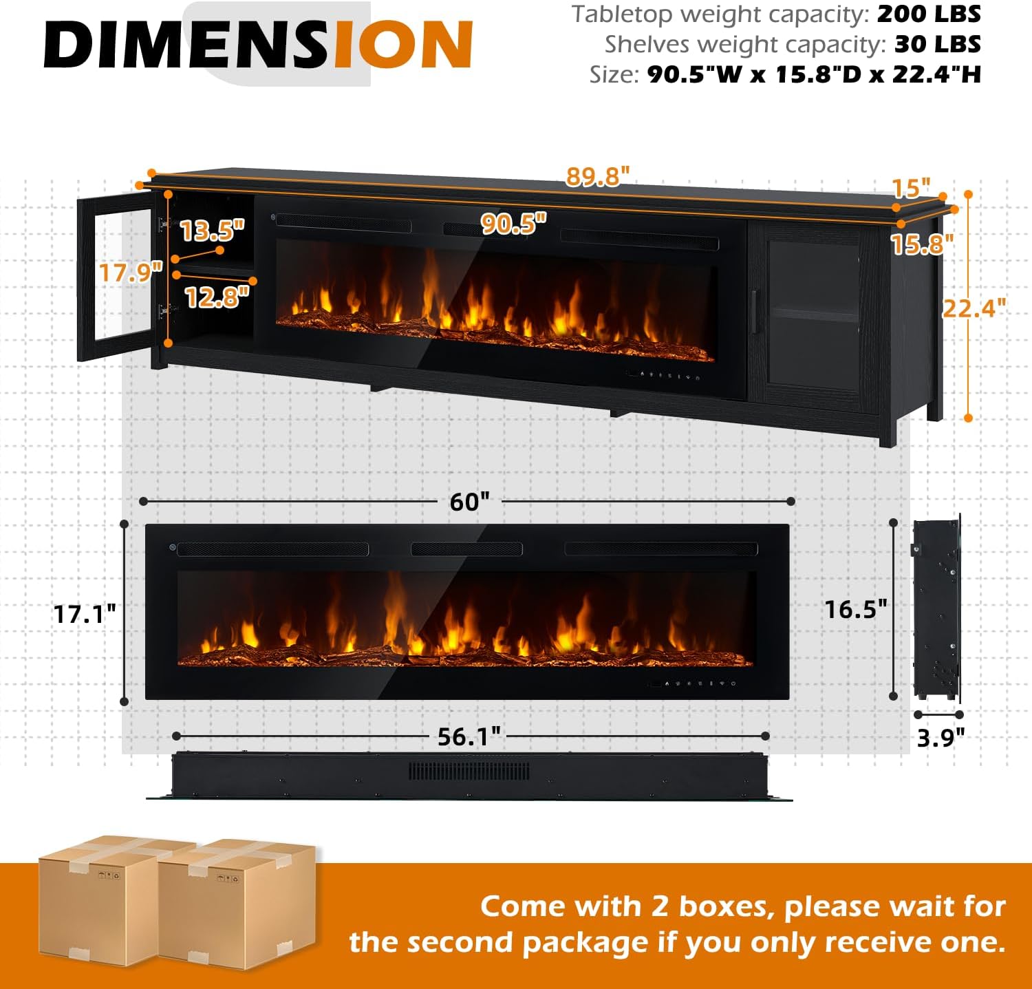 MXV 90" Fireplace TV Stand, Modern Entertainment Center with 60 Inch Electric Fireplace, Adjustable Shelf & Glass Door, Fire Place TV Console for Living Room, Black