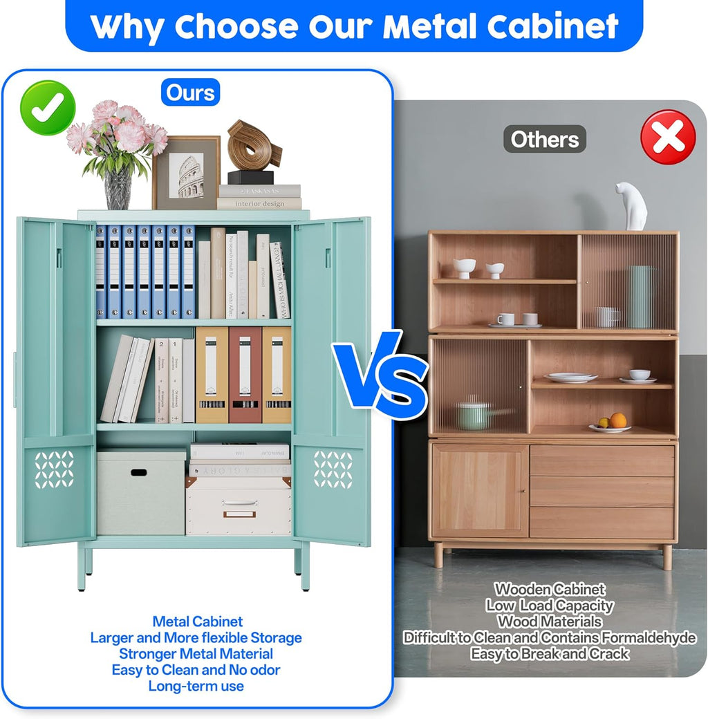 Metal Storage Cabinet with Adjustable Shelves,Metal Buffet Sideboard with 2 Doors for Kitchen,Home,Office, 42" H x 26" W x 14" D,Assembly Required,Blue