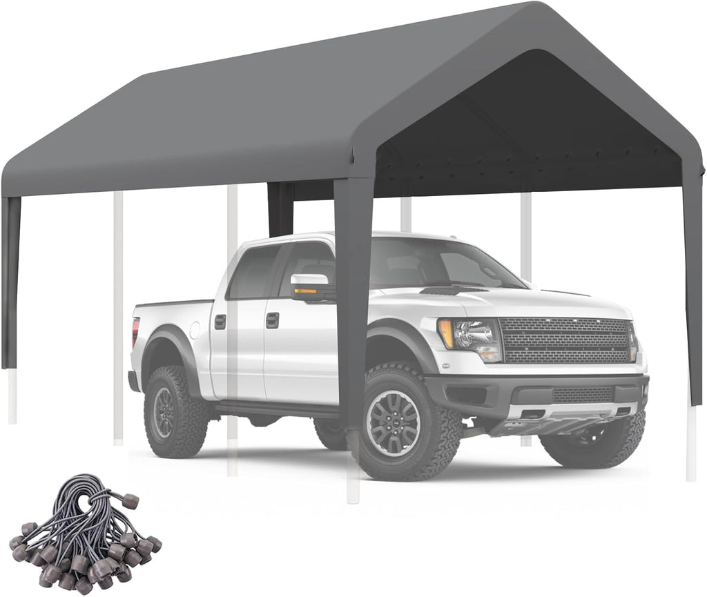 Carport Canopy 10'x20' Heavy Duty Replacement Cover, Garage Shelter Cover 800D Oxford Waterproof & UV Protected Tarp with Ball Bungees, Not Include Frame（Gray）