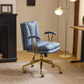 VINGLI Home Office Desk Chair Comfy with Wheels & Armrests,Gold Base Vanity Chair with Back,Adjustable Rolling Swivel Computer Task Chair for Study,Home Office,Cat Scratch PU,Navy Blue