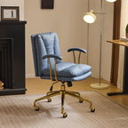 VINGLI Home Office Desk Chair Comfy with Wheels & Armrests,Gold Base Vanity Chair with Back,Adjustable Rolling Swivel Computer Task Chair for Study,Home Office,Cat Scratch PU,Navy Blue