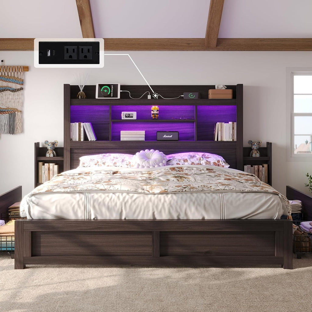 King Bed Frame with 49.6" Bookcase Headboard & 2 Bedside Stoage Racks & 4 Drawers, Farmhouse Wood Bed Frame with RGB LED & Charging Station, No Box Spring Needed, Black