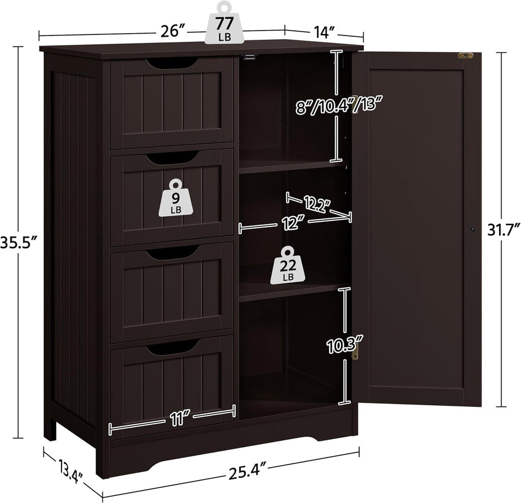 Yaheetech Large Bathroom Floor Cabinet with 4 Drawers and Single Door Cabinet, Freestanding Storage Cabinet for Living Room Kitchen Hallway, Espresso