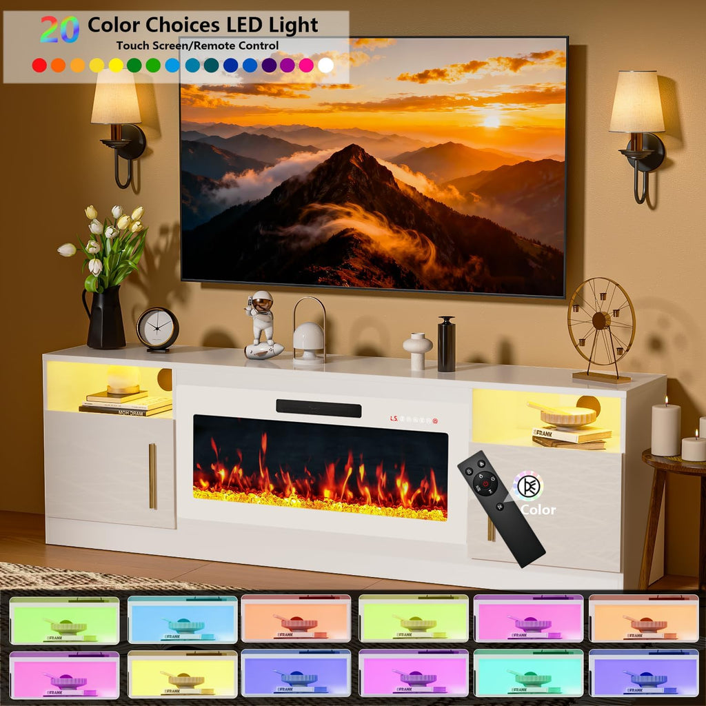 Fireplace TV Stand with 36" Fireplace Up to 80" TVs,70" Entertainment Center with LED Lights,Remote Control,TV Media Console with Storage Cabinets for Living Room, White+White