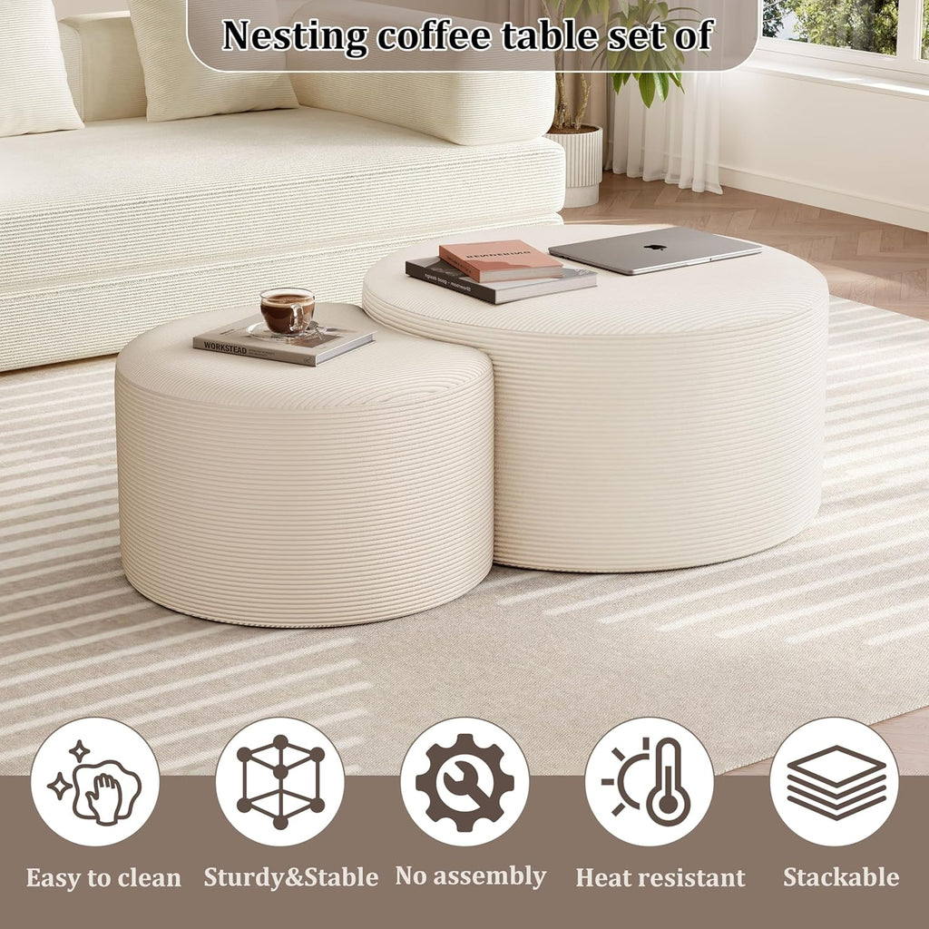 BSHOMGI Round Coffee Table Set of 2, Movable Ottoman for Corduroy Cloud Sectional Couches Circle Foam Round Side Table for Living Room, Entryway Set, 32"+17" Footrest No Assembly (Beige, 32"+17")