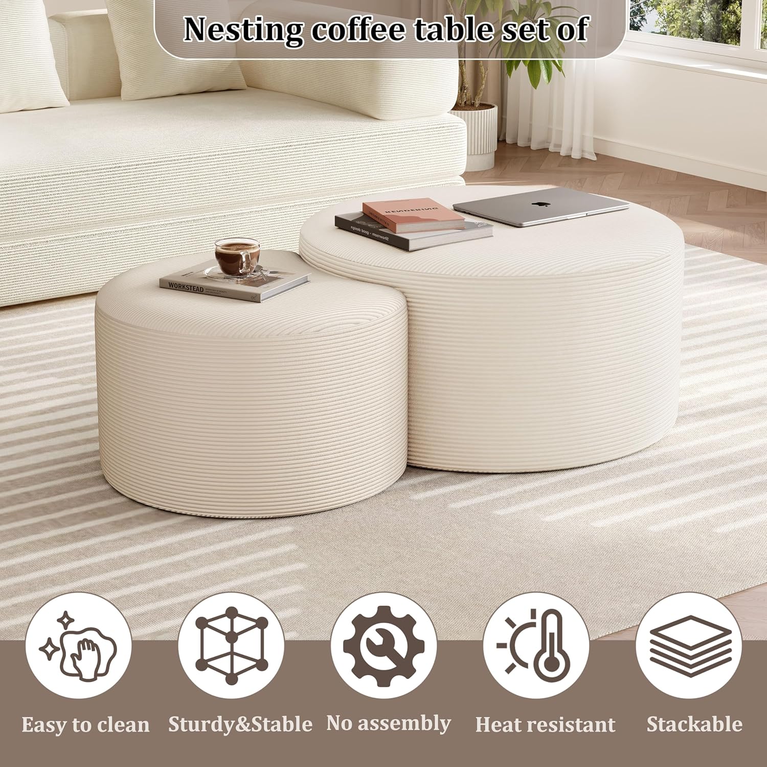 BSHOMGI Round Coffee Table Set of 2, Movable Ottoman for Corduroy Cloud Sectional Couches Circle Foam Round Side Table for Living Room, Entryway Set, 32"+17" Footrest No Assembly (Beige, 32"+17")
