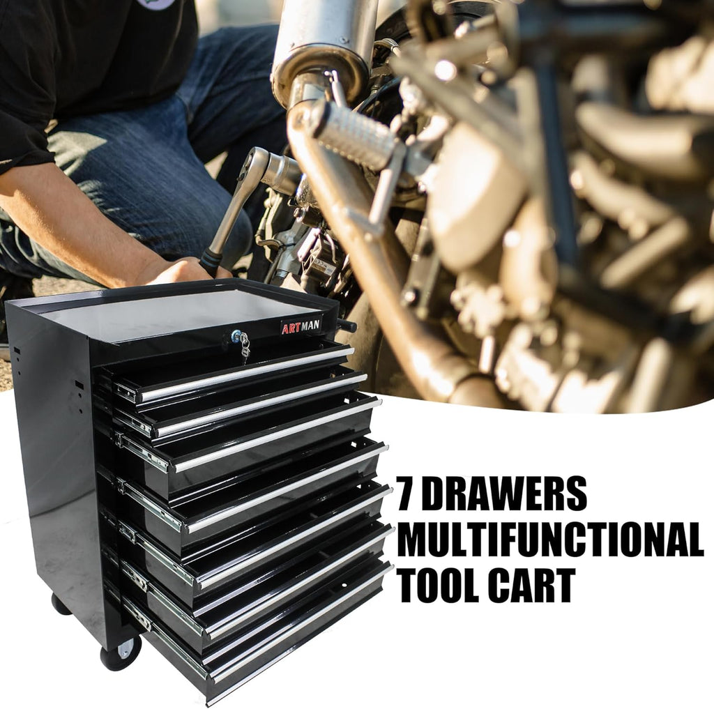 7-Drawer Rolling Tool Chest Cabinet, Large Capacity Metal Tool Box with Wheels and Keyed Locking, Roll Around Storage Organizer Tool Cart for Garage, Warehouse, Work Shop (Black04)
