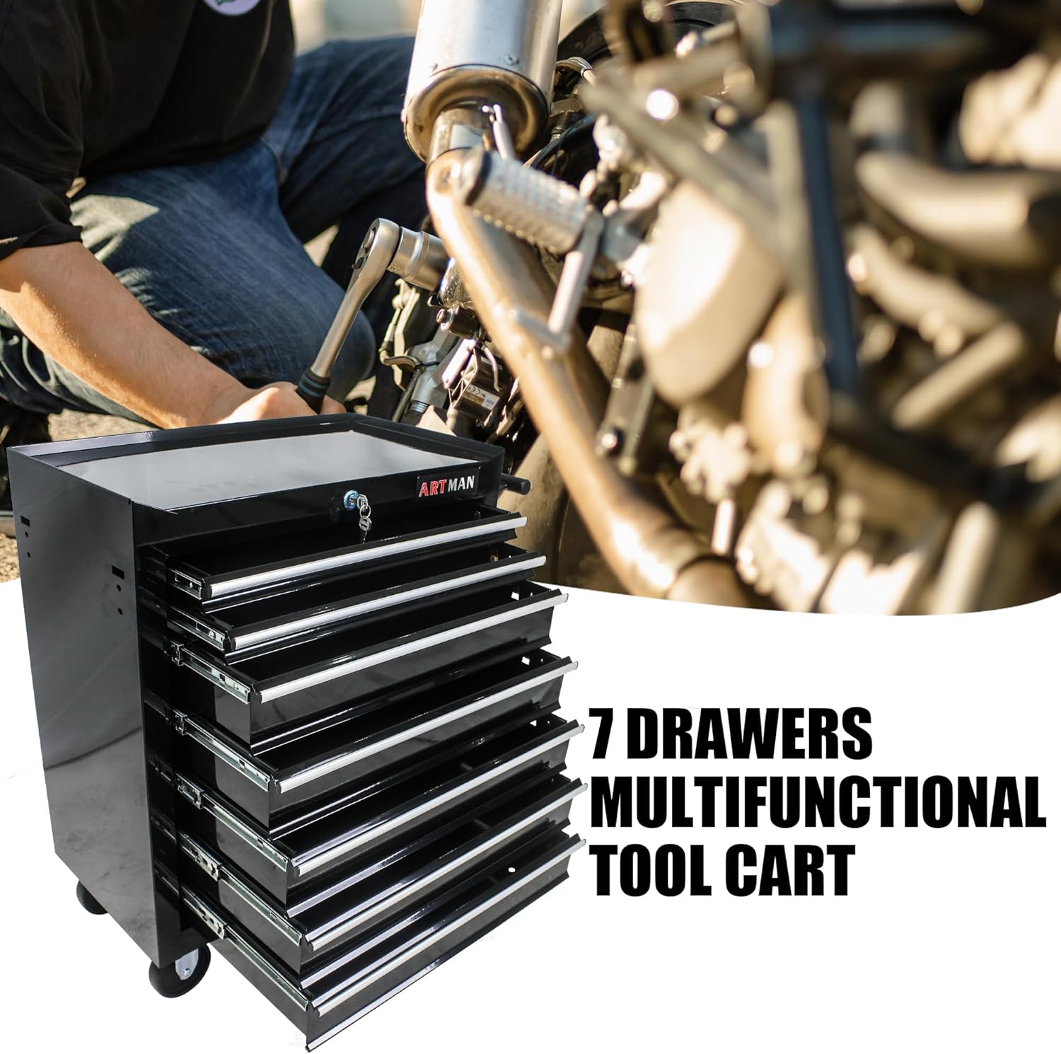 7-Drawer Rolling Tool Chest Cabinet, Large Capacity Metal Tool Box with Wheels and Keyed Locking, Roll Around Storage Organizer Tool Cart for Garage, Warehouse, Work Shop (Black04)