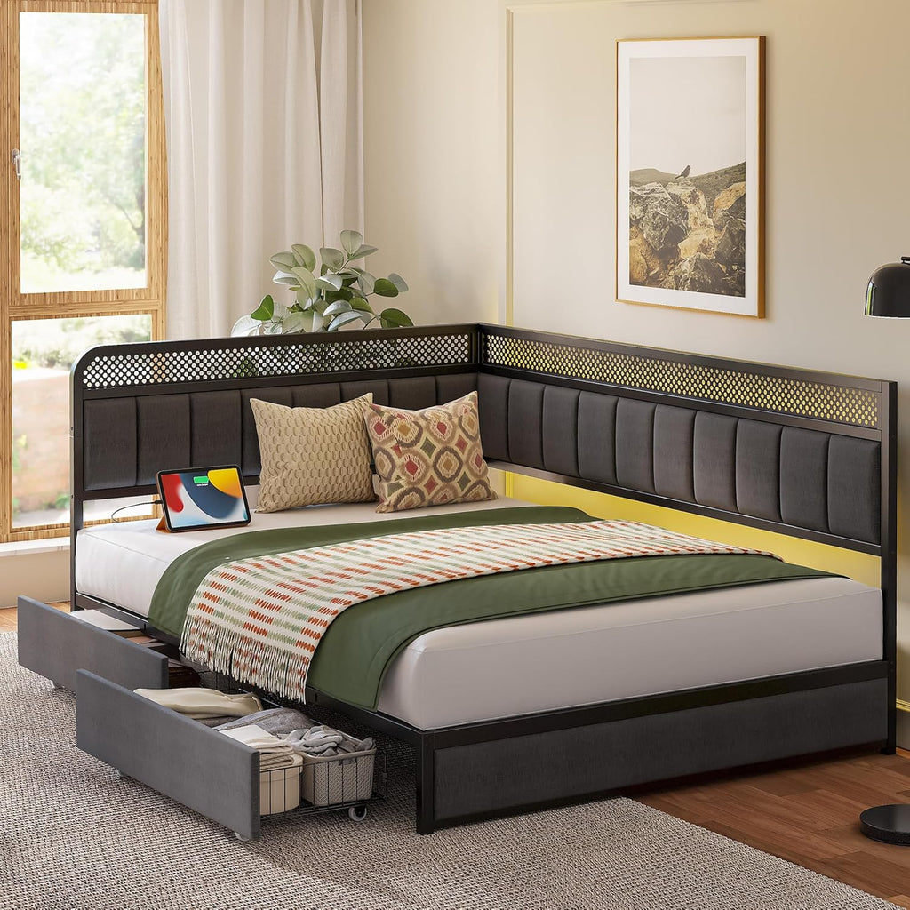 LIKIMIO Full Corner Bed Frame with Storage Drawers and Charging Station, Modern Full Daybed with LED Lights and Upholstered Guardrail, Gray