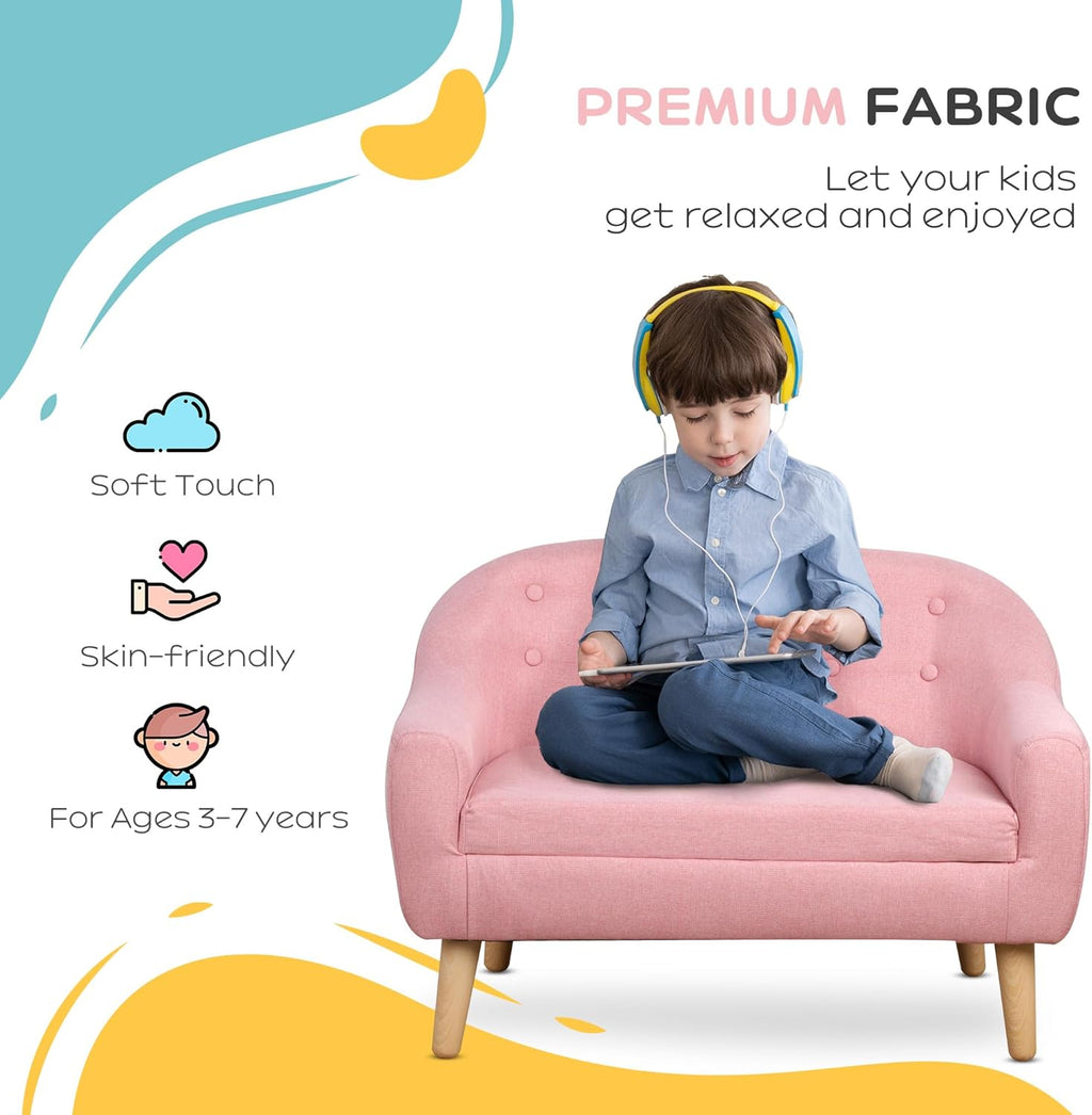 Qaba 2-Seat Kids Sofa, Toddler Sofa Couch, Linen-Like Fabric and Wooden Frame Sofa Chair for Ages 3-7, 11" High Seat, Pink