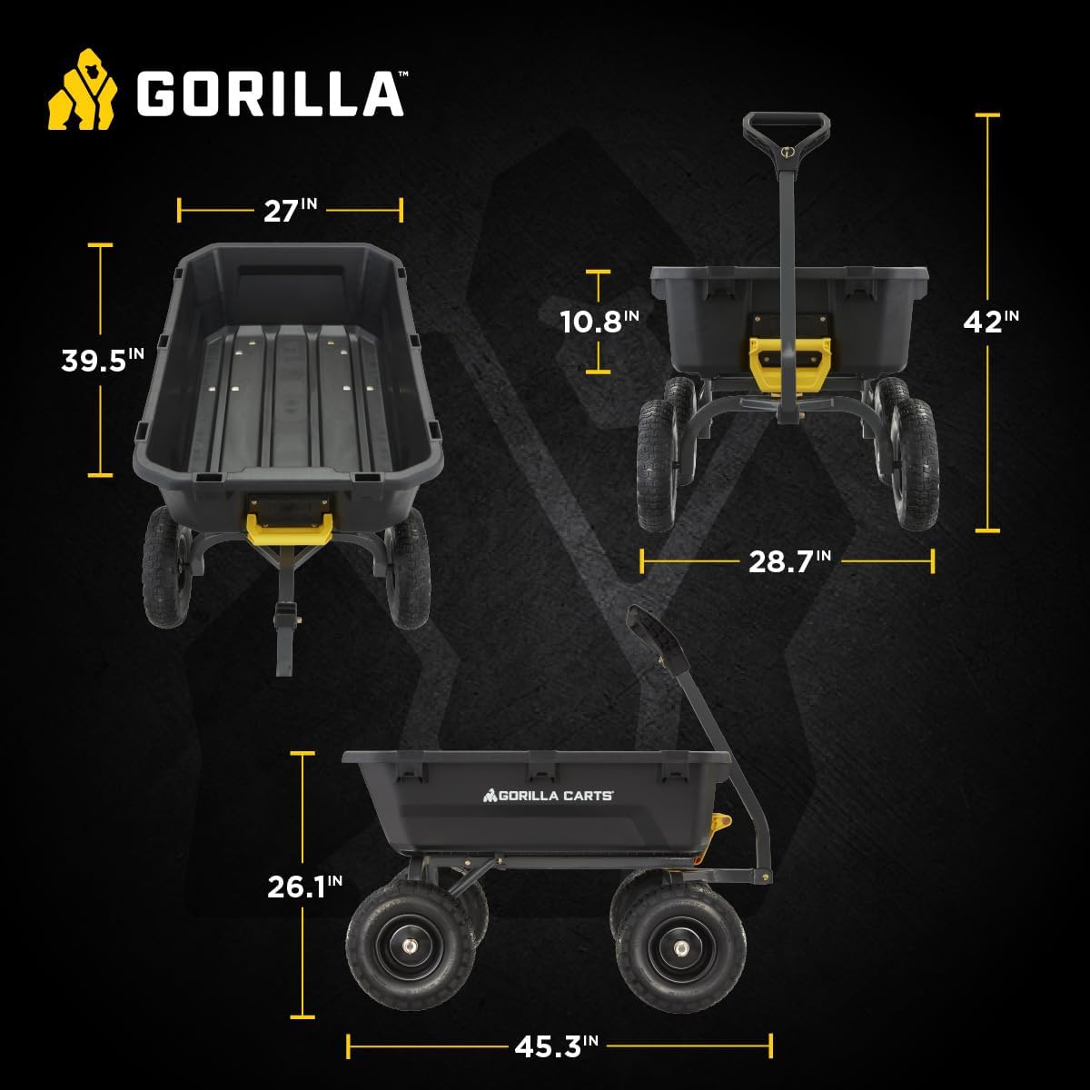Gorilla Carts 7GCG-NF Heavy-Duty Poly Dump Garden Cart with No-Flat Tires  7 Cubic Feet  1200-Pound Capacity  Black  Amazon Exclusive
