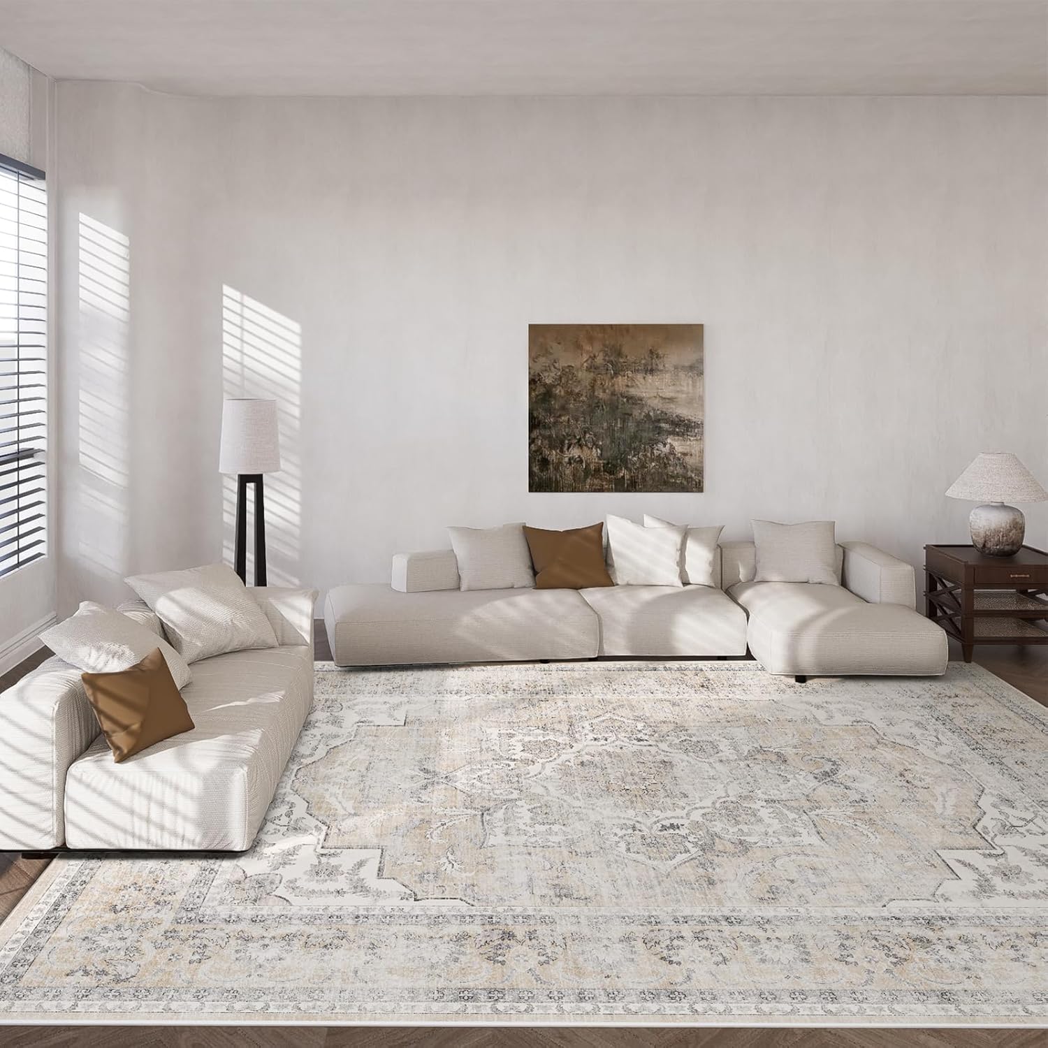 Area Rugs 9x12 Living Room: Washable Rugs for Bedroom Stain Resistant Non Slip Distressed Vintage Large Boho Rug Low Pile Faux Wool Soft Carpets for Living Room Dining Room Farmhouse Playroom
