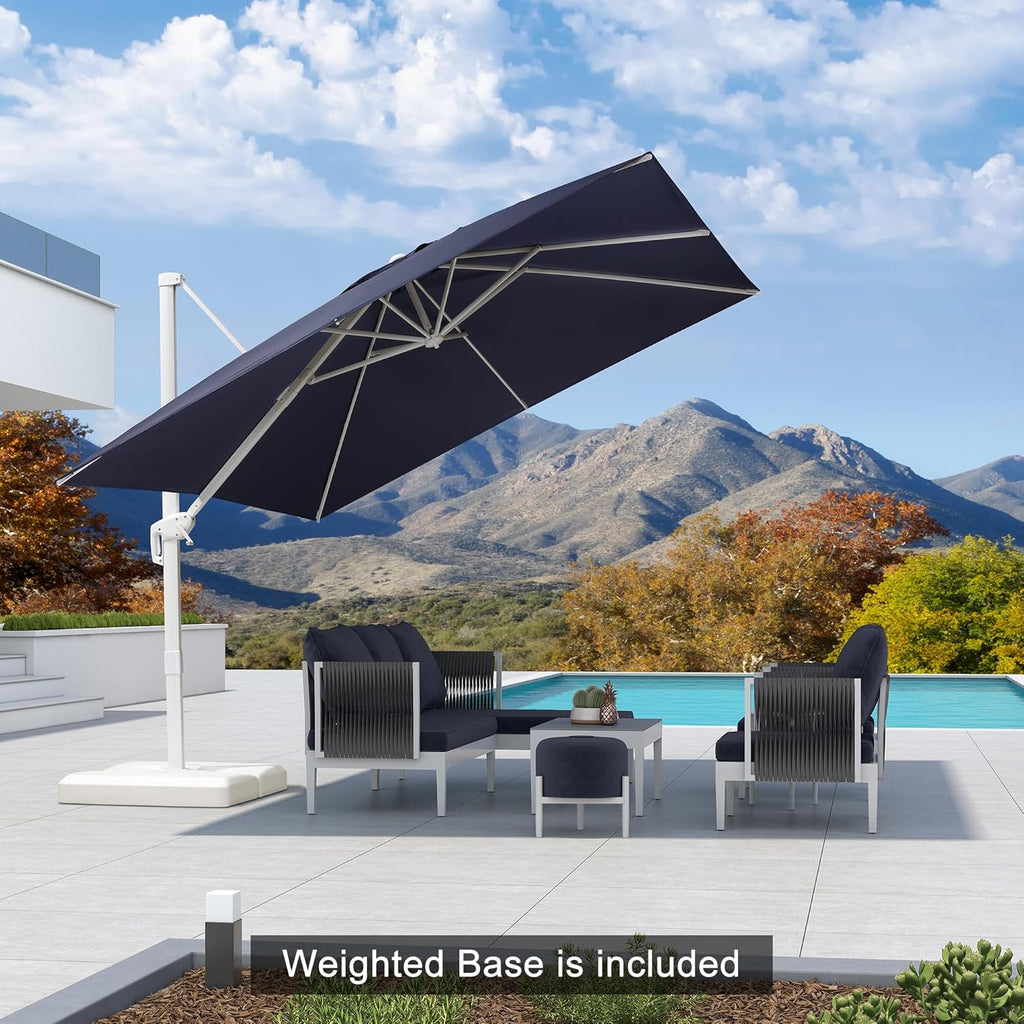 PURPLE LEAF 10 FT Patio Umbrella With Base White Cantilever Umbrella Square Outdoor Offset Umbrella Windproof with 360° Rotation for Garden Deck Pool, Navy Blue