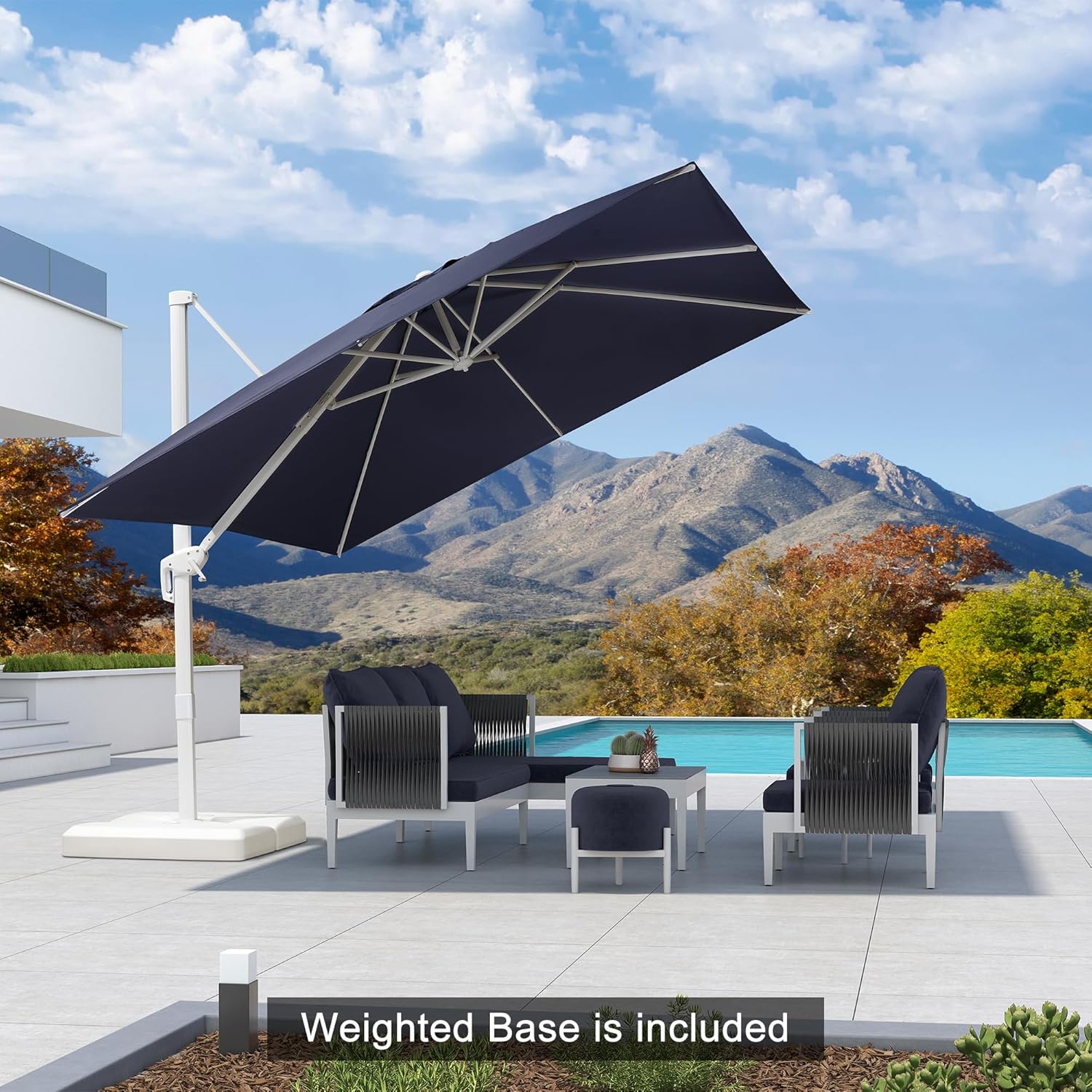 PURPLE LEAF 10 FT Patio Umbrella With Base White Cantilever Umbrella Square Outdoor Offset Umbrella Windproof with 360° Rotation for Garden Deck Pool, Navy Blue