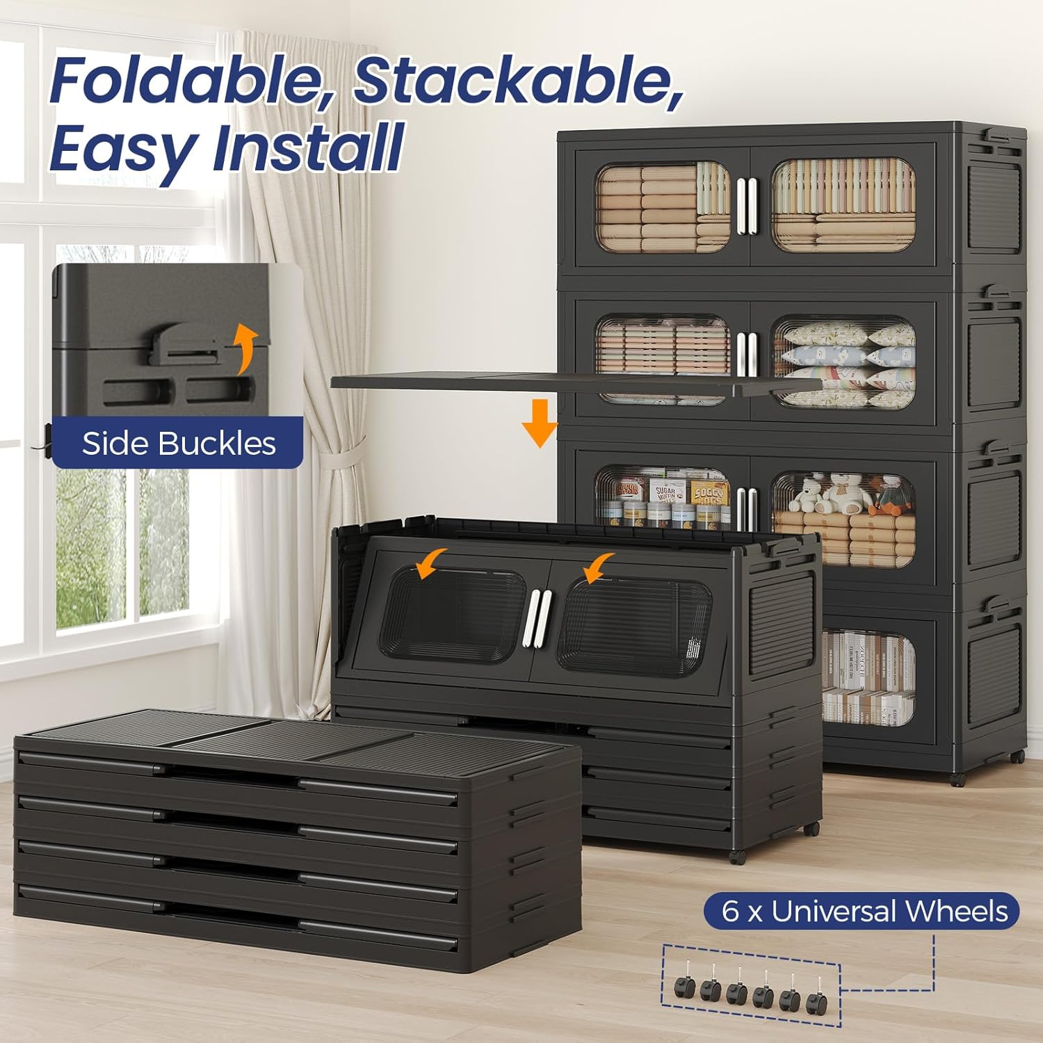 200Gal Extra Large Stackable Storage Bins with Lid & Wheels & Doors, 200QT/50GAL 4-Tiers Collapsible Closet Organizers Plastic Containers Drawers Boxes for Home Kitchen Bedroom, Black