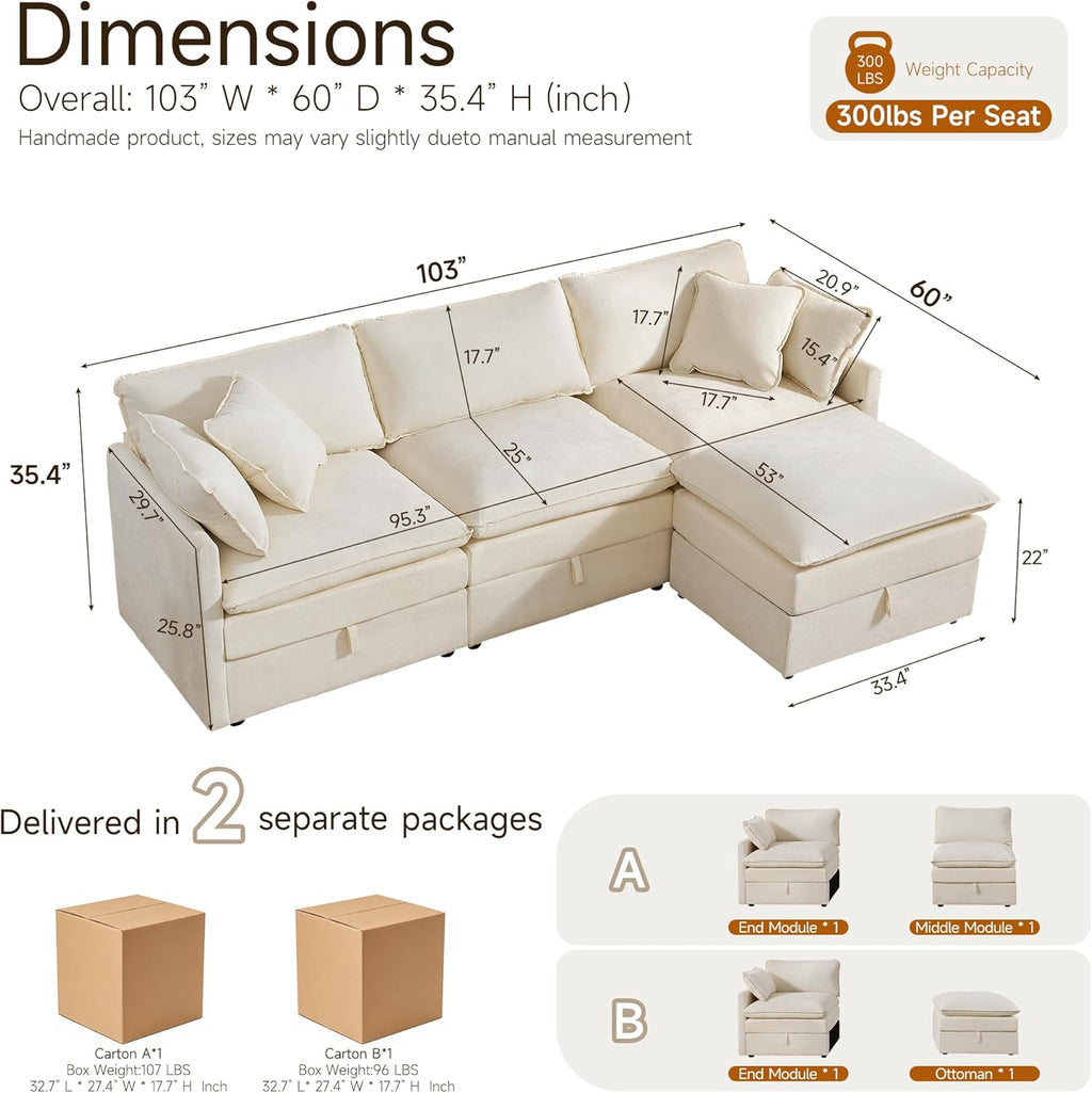 Modular Sofa with Storage, 103" L Shape Sectional Cloud Couch, Comfy Fabric Couch with Movable Ottoman, 4 Seat Modern Deep Seat Sofa for Living Room (Beige Chenille)