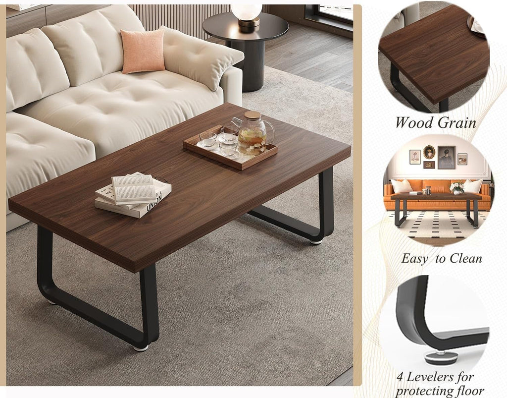HSH Rustic Walnut Coffee Table, 39” Mid Century Modern Center Table, Rectangle Industrial Living Room Coffee Table, Simple Farmhouse Wood and Metal Tea Coffee Tables for Home Bedroom, Walnut, 39 in