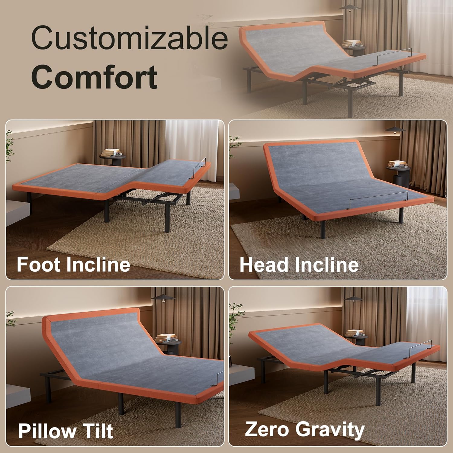ESHINE Adjustable Bed Frame - Queen Bed Base with Massage, Pillow-tilt, Smart APP Control, Ergonomic Incline, Zero Gravity, Dual USB Port, Under Bed Light, Wireless Remote, 5000 Series