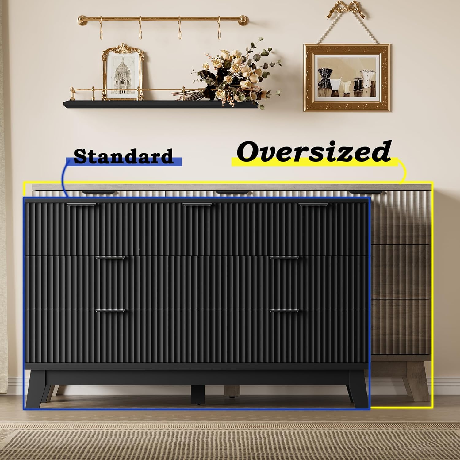 57" Long Dresser for Bedroom, 7-Drawer Fluted Chest, Wide Wood Storage Dresser with Metal Slides and Handles, Stable Base, Modern Clothes Organizer for Primary Suite, Guest Room, Nursery