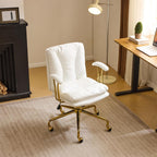 VINGLI Home Office Desk Chair Comfy with Wheels & Removable Armrests,Gold Base Vanity Chair with Back, Adjustable Rolling Swivel Computer Task Chair for Study,Makeup,Office,Bedroom,PU Leather,White