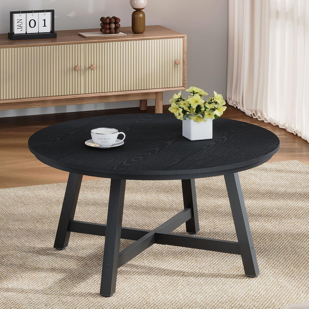 GarveeHome Round Coffee Table 36" Center Table,Large Coffee Table Black Accent Tables with Adjustable Feet, Living Room Tables with Thickened Legs and Designed Wood Grain, Easy Assemble