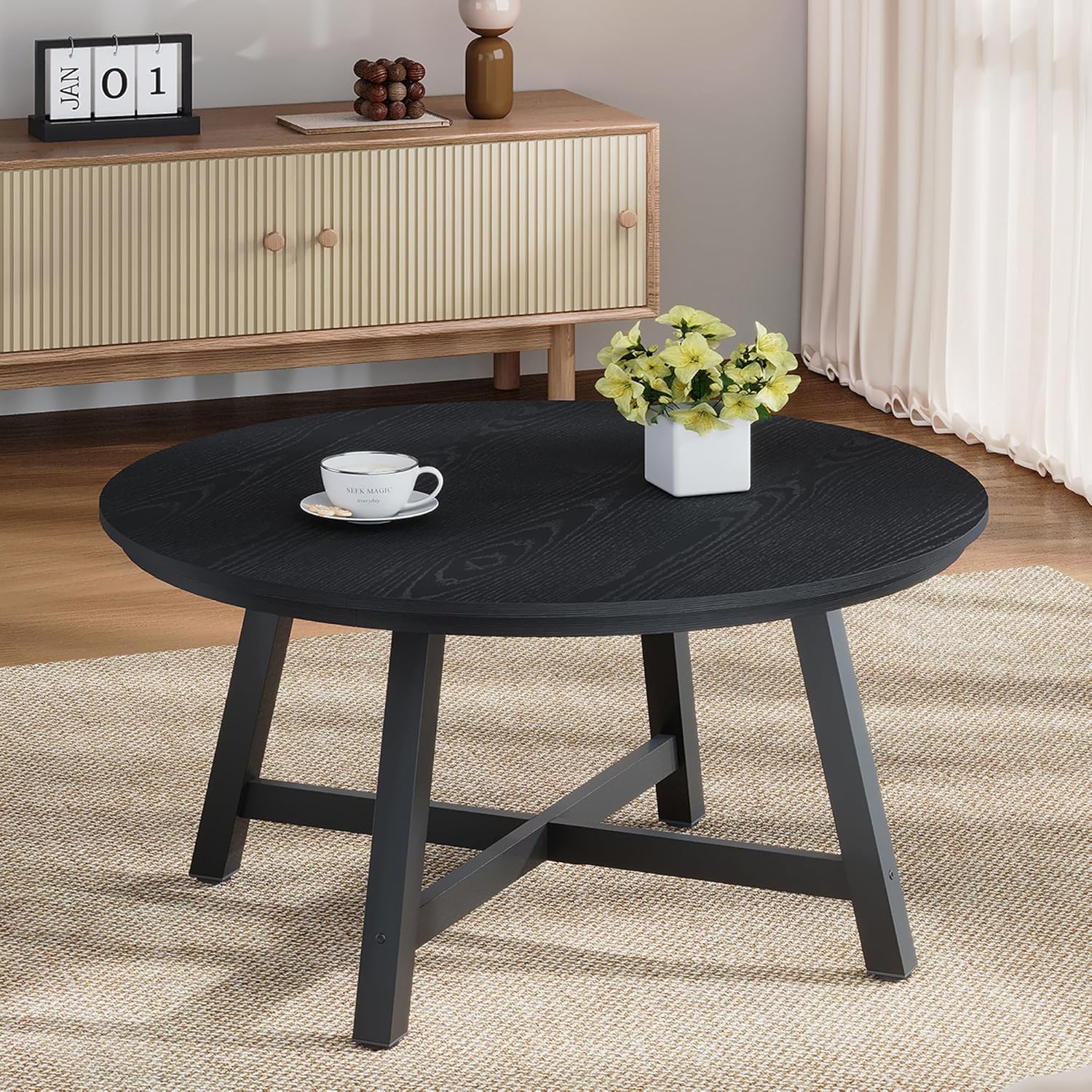 GarveeHome Round Coffee Table 36" Center Table,Large Coffee Table Black Accent Tables with Adjustable Feet, Living Room Tables with Thickened Legs and Designed Wood Grain, Easy Assemble