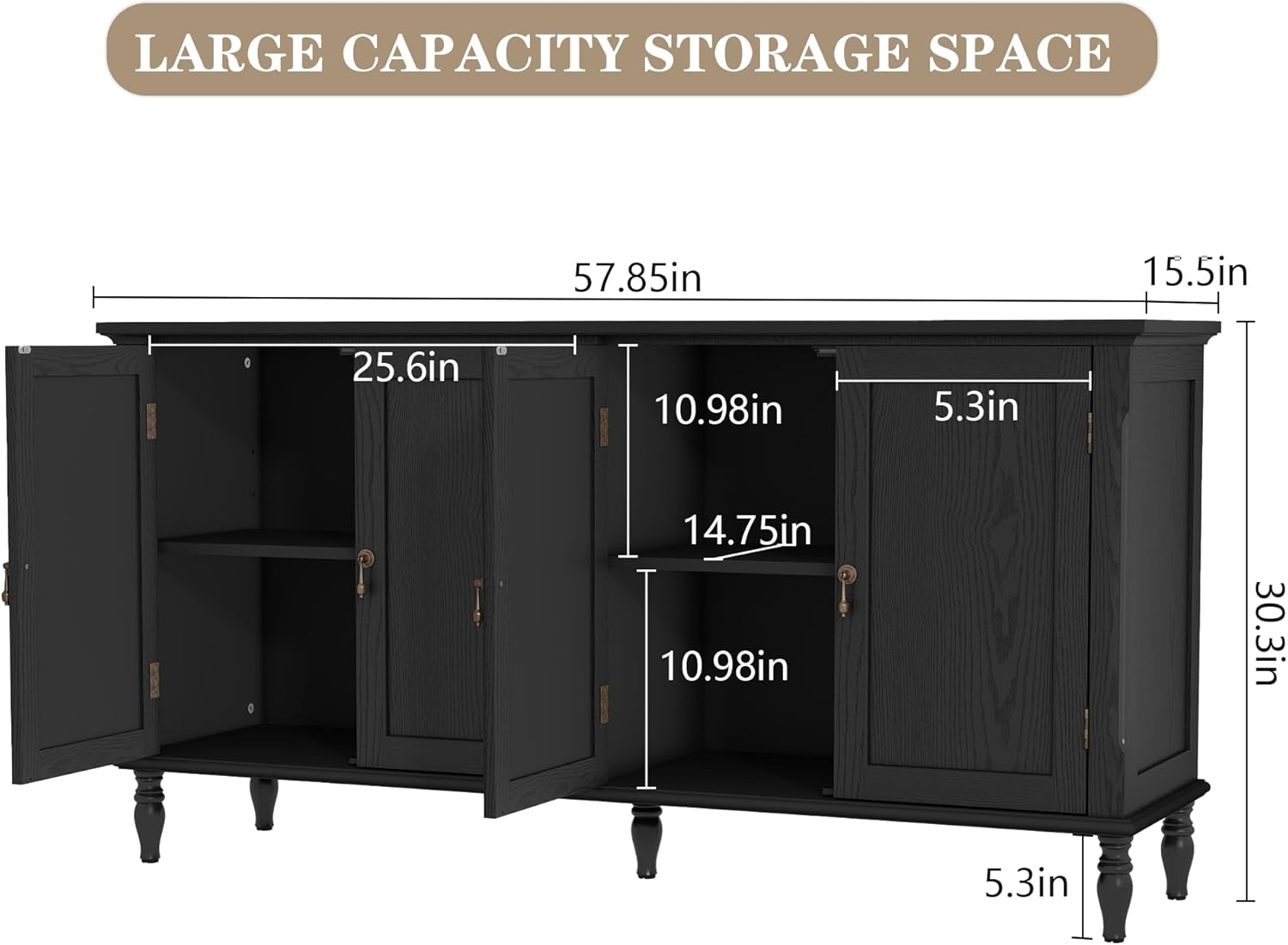 ARTPOWER 58" Sideboard Buffet Cabinet with Storage, Retro Wood Accent Cabinet with 4 Doors, Credenza with Adjustable Shelves for Living Room, Dining Room, Entryway, Black