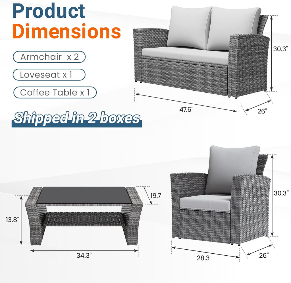 Wisteria Lane 4 Piece Patio Furniture Set  Wicker Outdoor Patio Conversation Furniture Set  All Weather Outdoor Patio Sofa with Cushion and Glass Table  Ash Gray