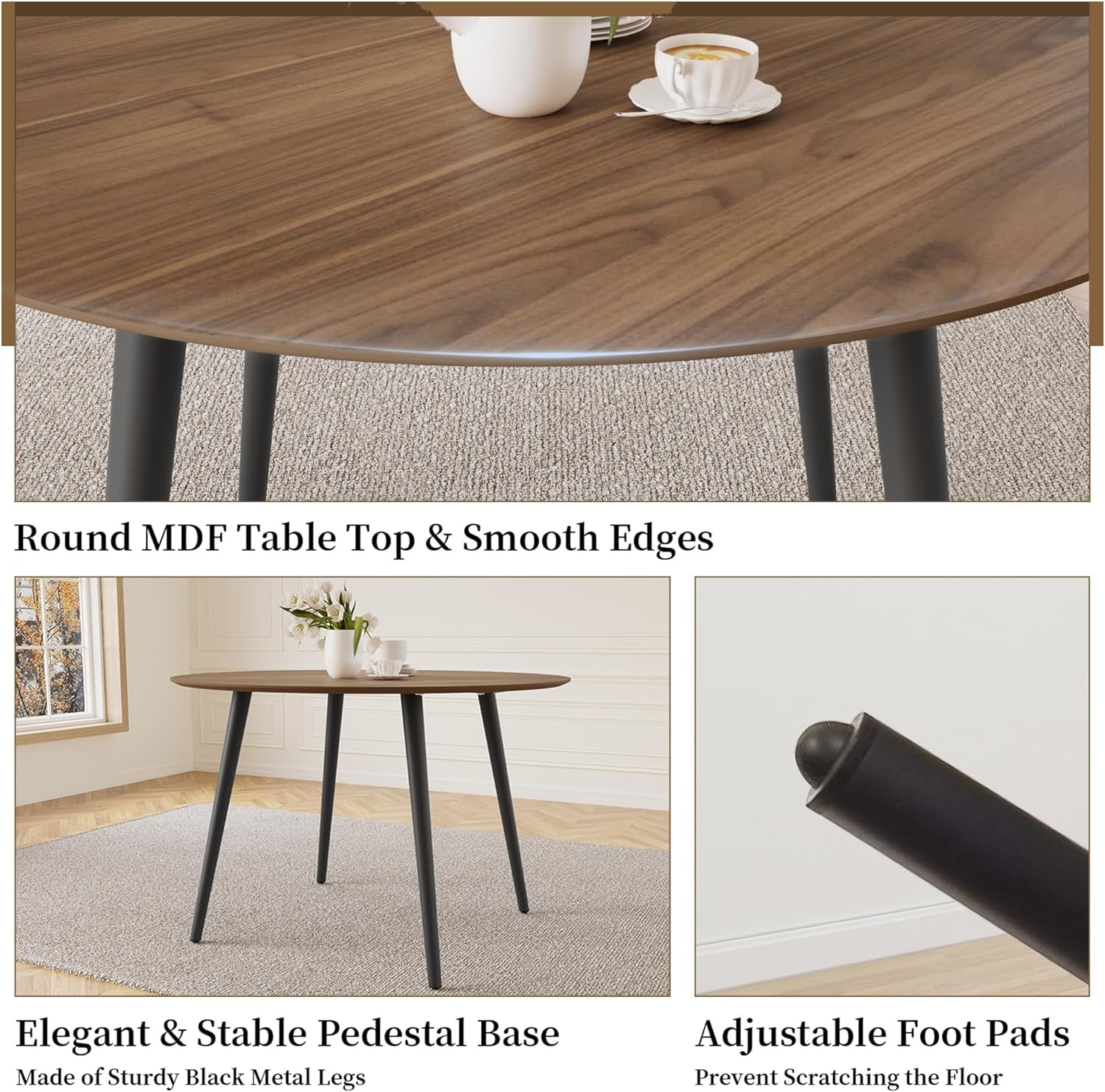43.3 Inch Round Dining Table Set for 4, Modern Small Kitchen Coffee Set for Dining Room Kitchen Apartment (Walnut Table+4 U-Shaped Black Chairs)