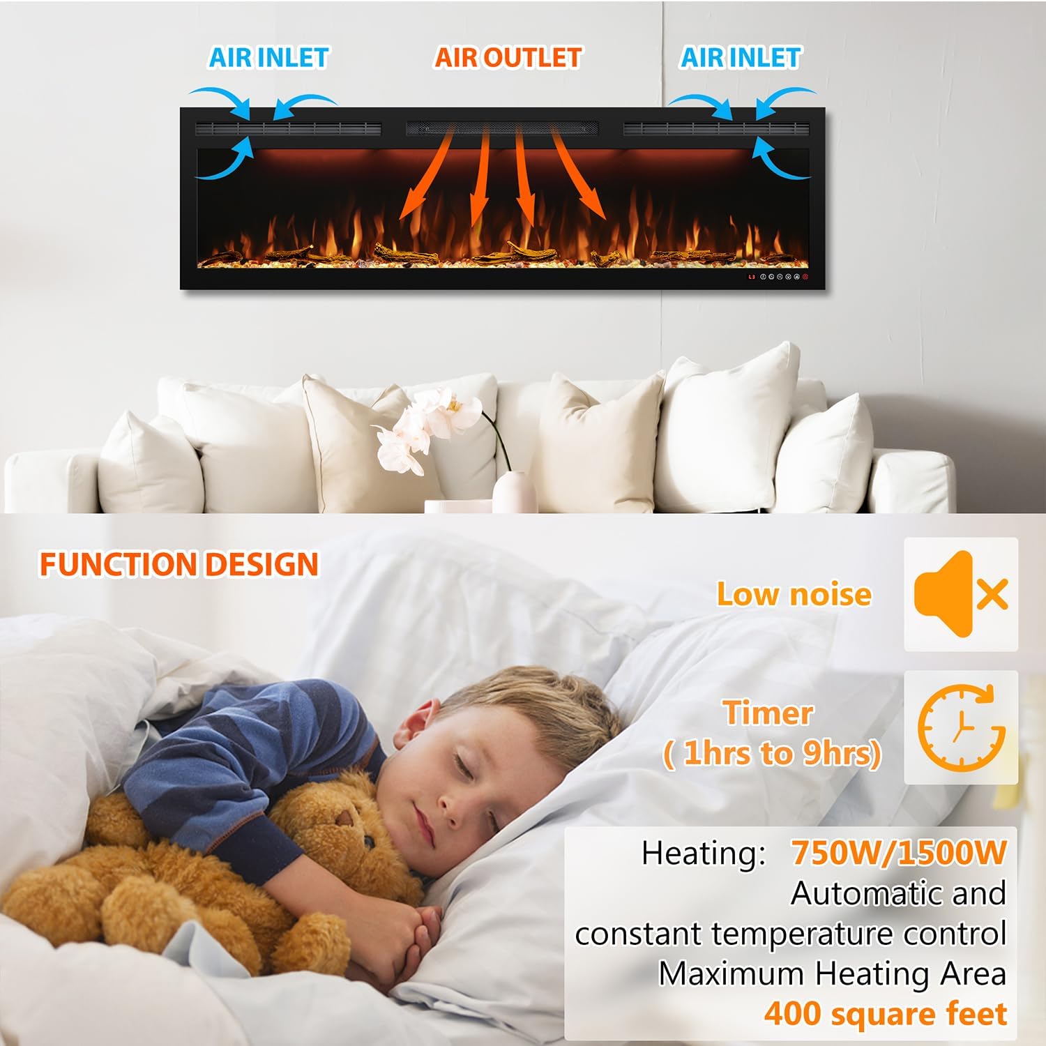 72 Inch Slim Electric Fireplace, Recessed in‑Wall or Wall Mounted, Ultra‑Narrow Frame, Realistic LED Flames with 3 Flame Colors & 3 Top Light Colors, Remote Control, Timer