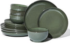 Pokini Stoneware Dinnerware Sets, Ceramic Plates and Bowls Set, Microwave & Dishwasher Safe Kitchen Dishes, Modern Dinner Salad Plates | Cereal Bowls, Dishware Sets Service for 4 Forest Green