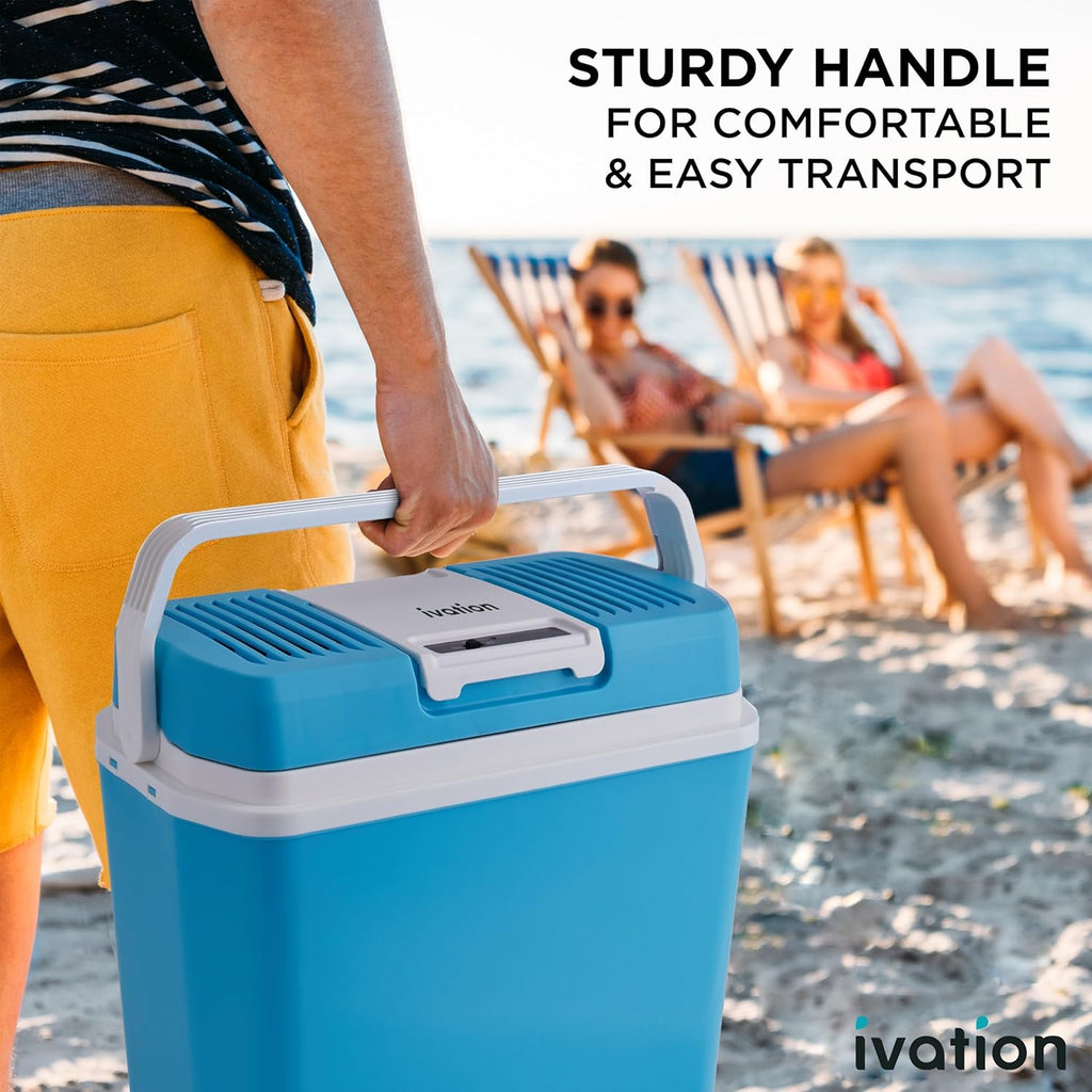 Ivation Electric Cooler & Warmer with Handle | 24 L Portable Thermoelectric Fridge for Vehicles & Trucks| 110V AC Home Power Cord & 12V Car Adapter for Camping, Travel & Picnics