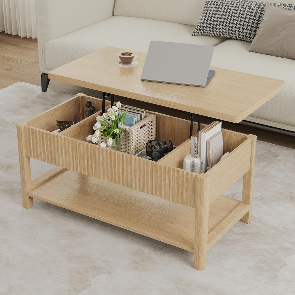 Lift Top Coffee Table with Storage for Living Room, 2-in-1 Modern Center Table & Desk with Hidden Storage Compartment & Open Shelf, Space Saving for Small Space & Apartment (Oak)
