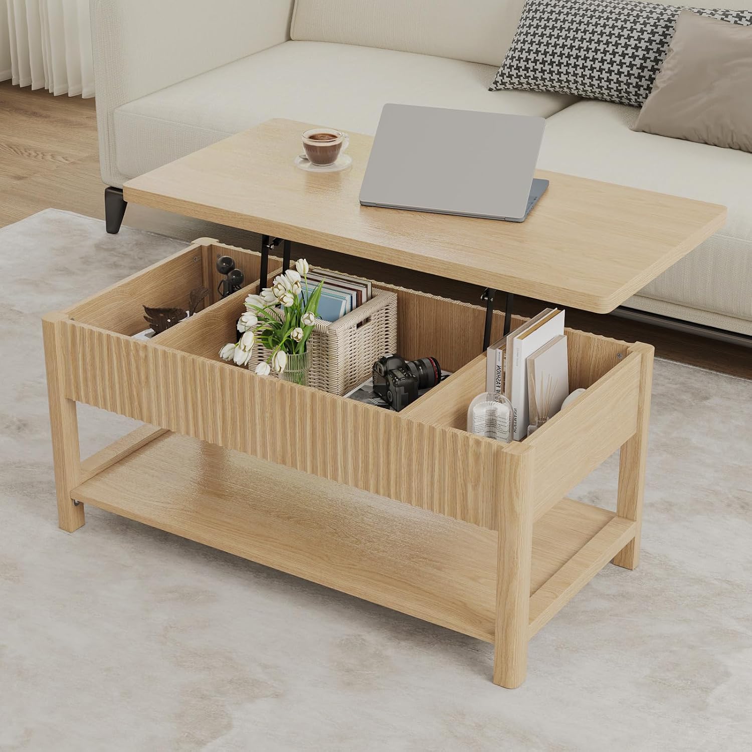 Lift Top Coffee Table with Storage for Living Room, 2-in-1 Modern Center Table & Desk with Hidden Storage Compartment & Open Shelf, Space Saving for Small Space & Apartment (Oak)