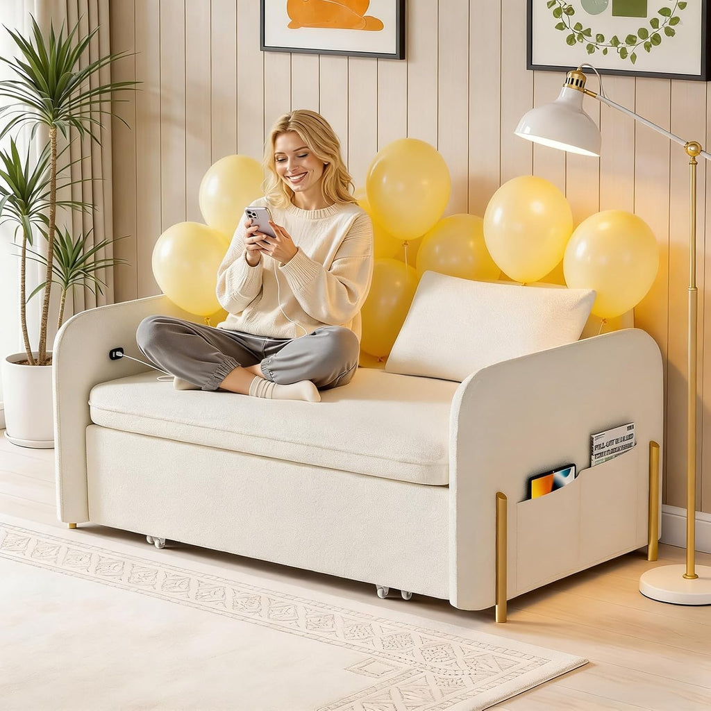 3-In-1 Convertible Sofa Bed with USB Ports, Pull Out Couch for Living Room Teddy Suede Fabric, Loveseat Sleeper Sofa with Side Pockets, 2 Pillows, Hide a Bed Couches for Small Spaces（US Fast Arrival）