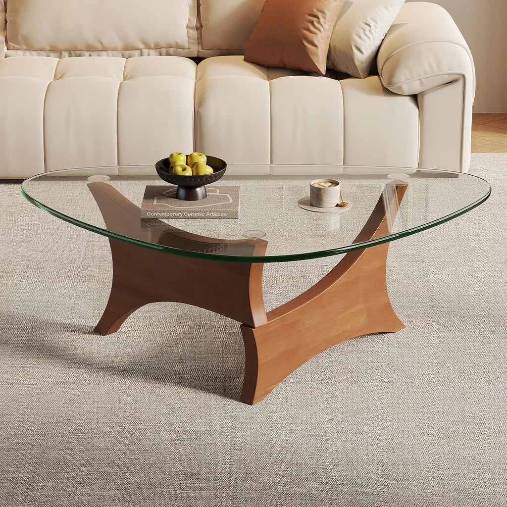 Glass Coffee Table Mid-Century Modern Coffee Table for Living Room Center Table Suitable for Bedroom Living Room Reception Office Tables（Walnut/Transparent，Medium）