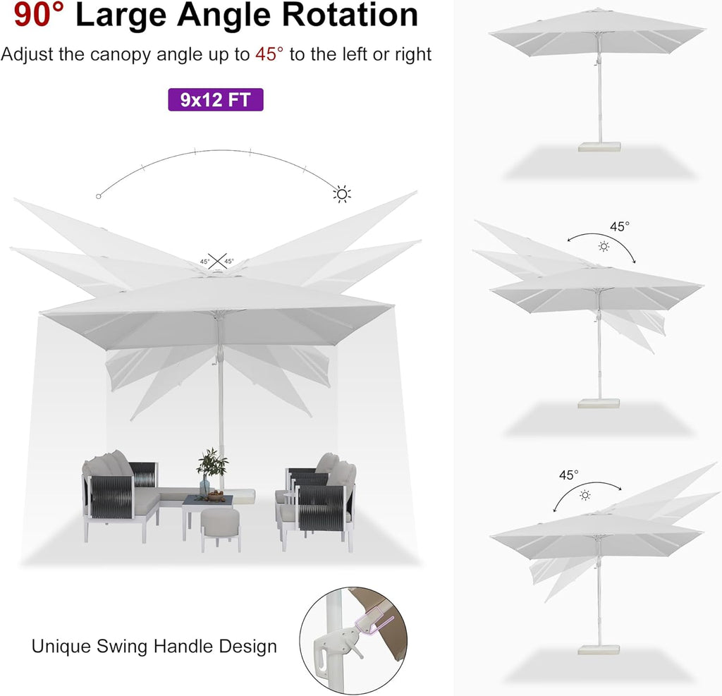 PURPLE LEAF 9' X 12' Right-left Tilt Patio Umbrella Swivel White Cantilever Umbrella with Tilt Aluminum Outdoor Umbrella with 360° Rotation for Deck Pool Garden, White
