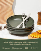 Pokini 16 Piece Double Bowl Dinnerware Sets with Pasta Bowls, Highly Chip and Crack Resistant Plates and Bowls Sets, Natural Earthyware Ceramic Dishware Sets, Service for 4 Blackish Green