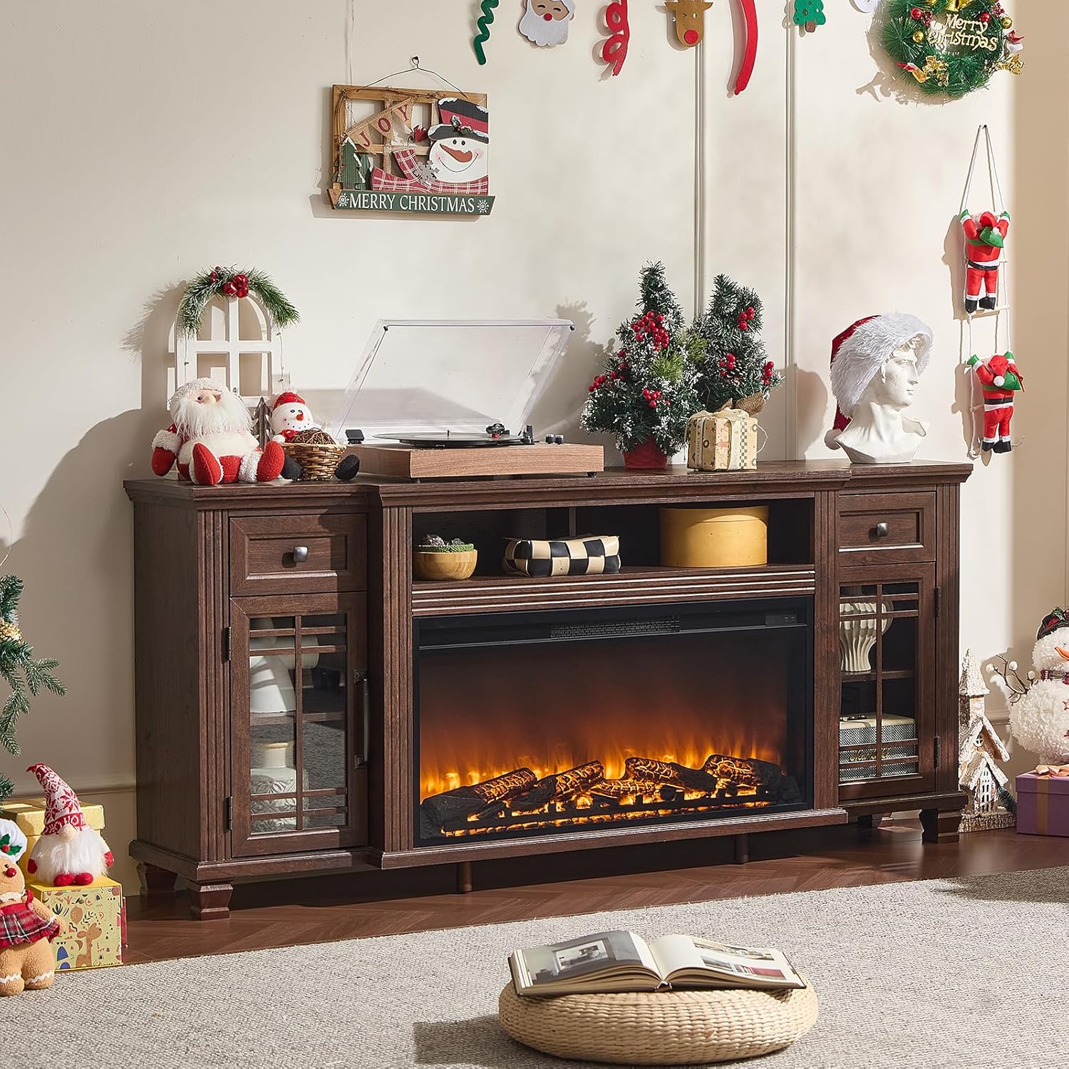 70" Fireplace TV Stand with 36”Silent Electric Fireplace, Farmhouse Entertainment Center for TVs up to 80", 2 Drawers TV Console with Glass Door Cabinet, Walnut TVs Cabinet for Living Room