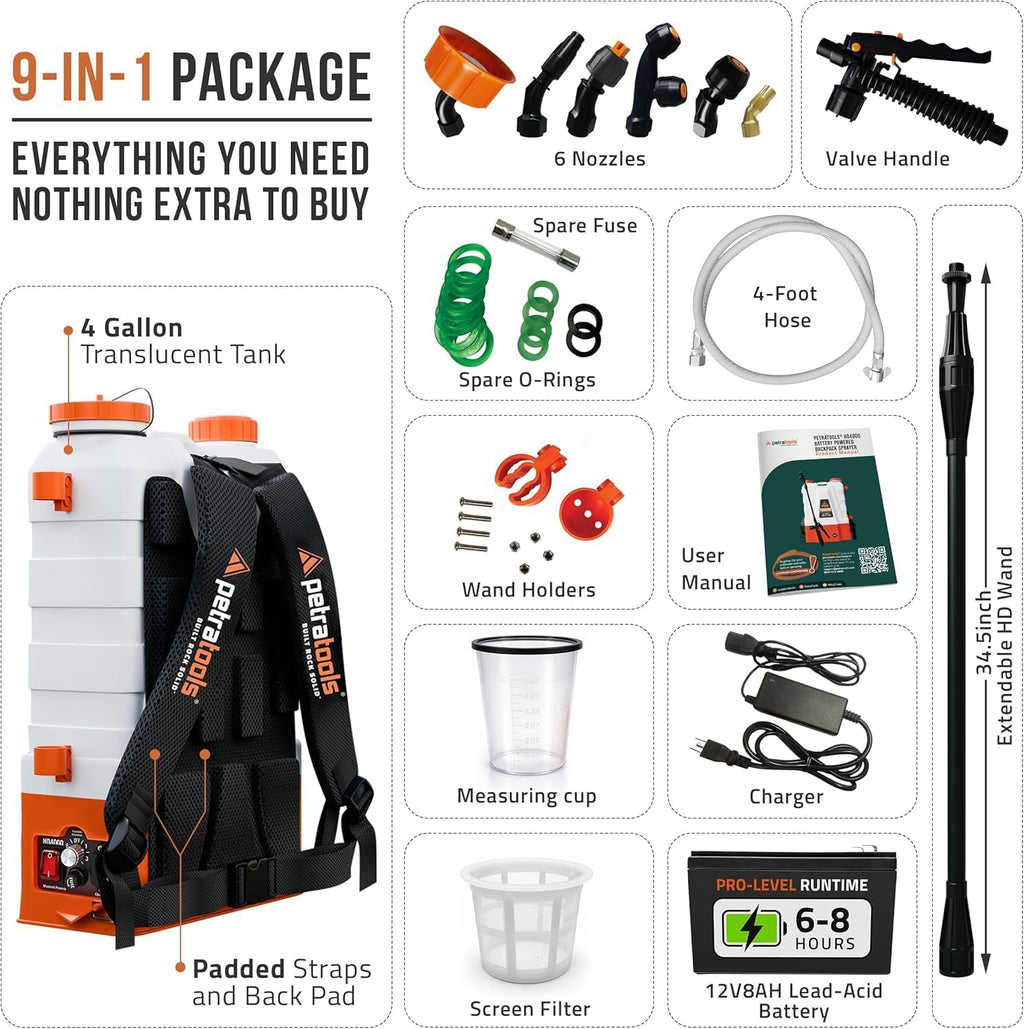 PetraTools Battery Powered Backpack Sprayer 4 Gallon - 6 Hours Long Battery Life & Padded Straps for Comfort - HD4000 Electric Backpack Garden Sprayer with 6 Spray Nozzles & 90PSI Adjustable Pressure